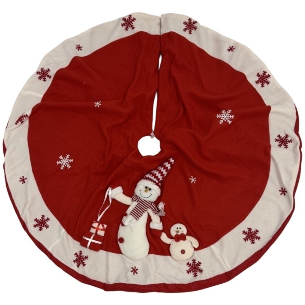 Christmas Tree Skirt Red White Snowman 3D Applique Snowflake Holiday Decor 48in - Picture 3 of 6
